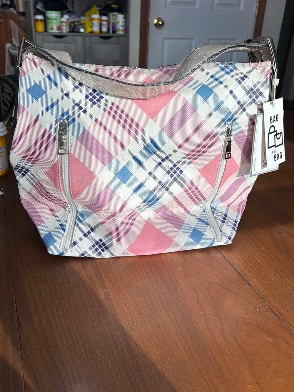 Pink Plaid Tote Bag with Silver Trim -